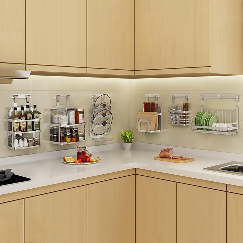 厨房置物架免打孔304不锈钢调味架碗碟收纳架子筷子置物架套装M