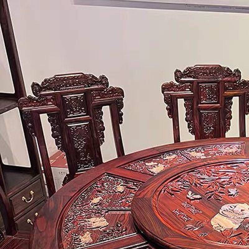 红木圆桌印尼黑酸枝手工雕十二 生肖花鸟餐桌饭桌东阳红木家具