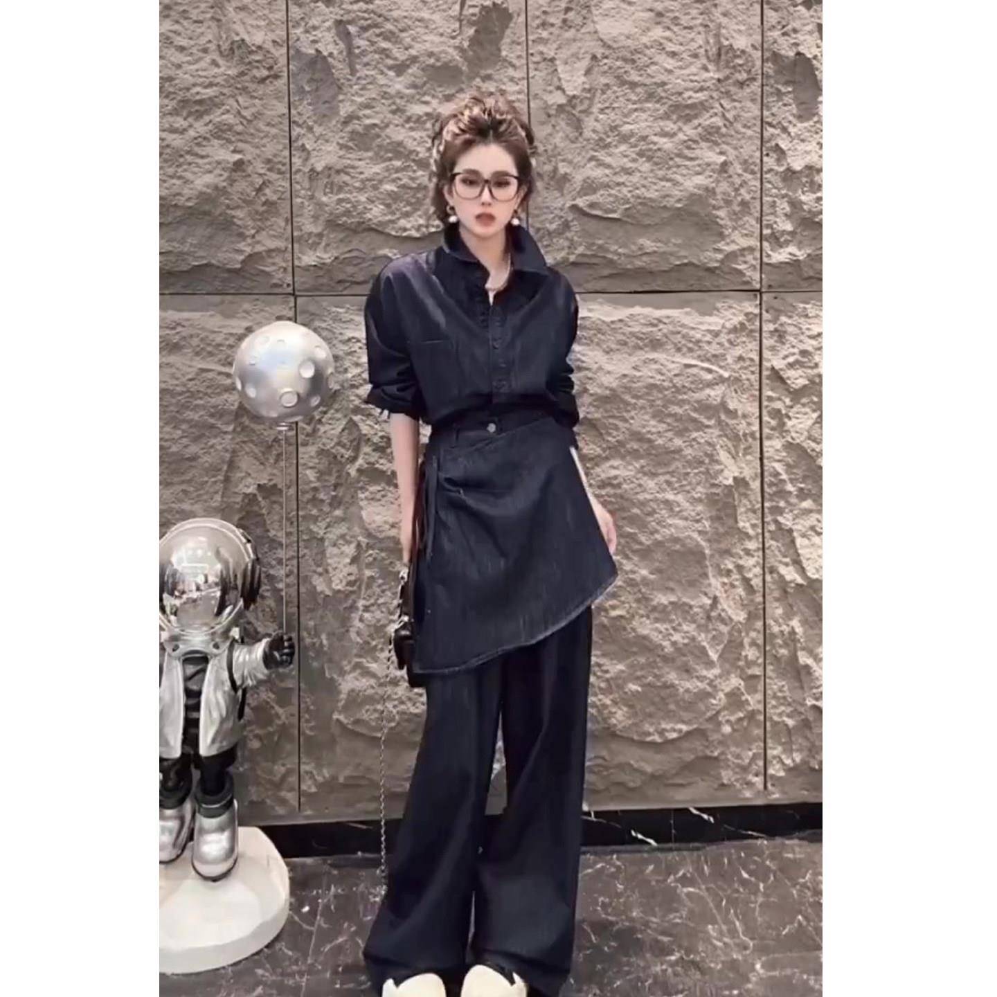 极速高级感复古牛仔套装女2026春季新款欧洲站上衣+屁帘+阔腿长裤