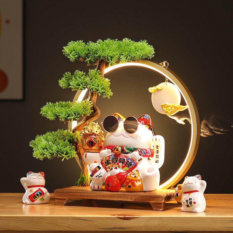 创意招财猫摆件自动摇手店铺前台收银柜台家居装饰开业送礼绿植灯