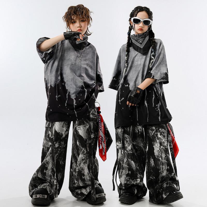 街舞幼儿潮服男孩黑灰废土风嘻哈套装hiphop女孩酷帅六一表演服装
