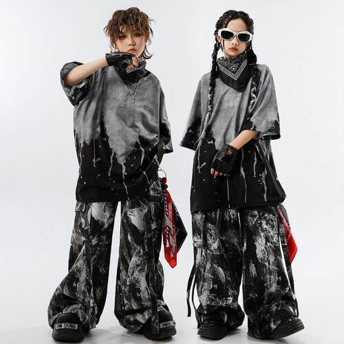 街舞幼儿潮服男孩黑灰废土风嘻哈套装hiphop女孩酷帅六一表演服装