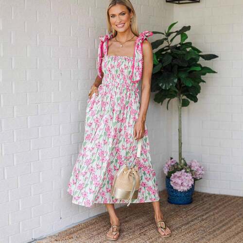 Women Floral Tie Shoulder Dress Smocked Square Neck