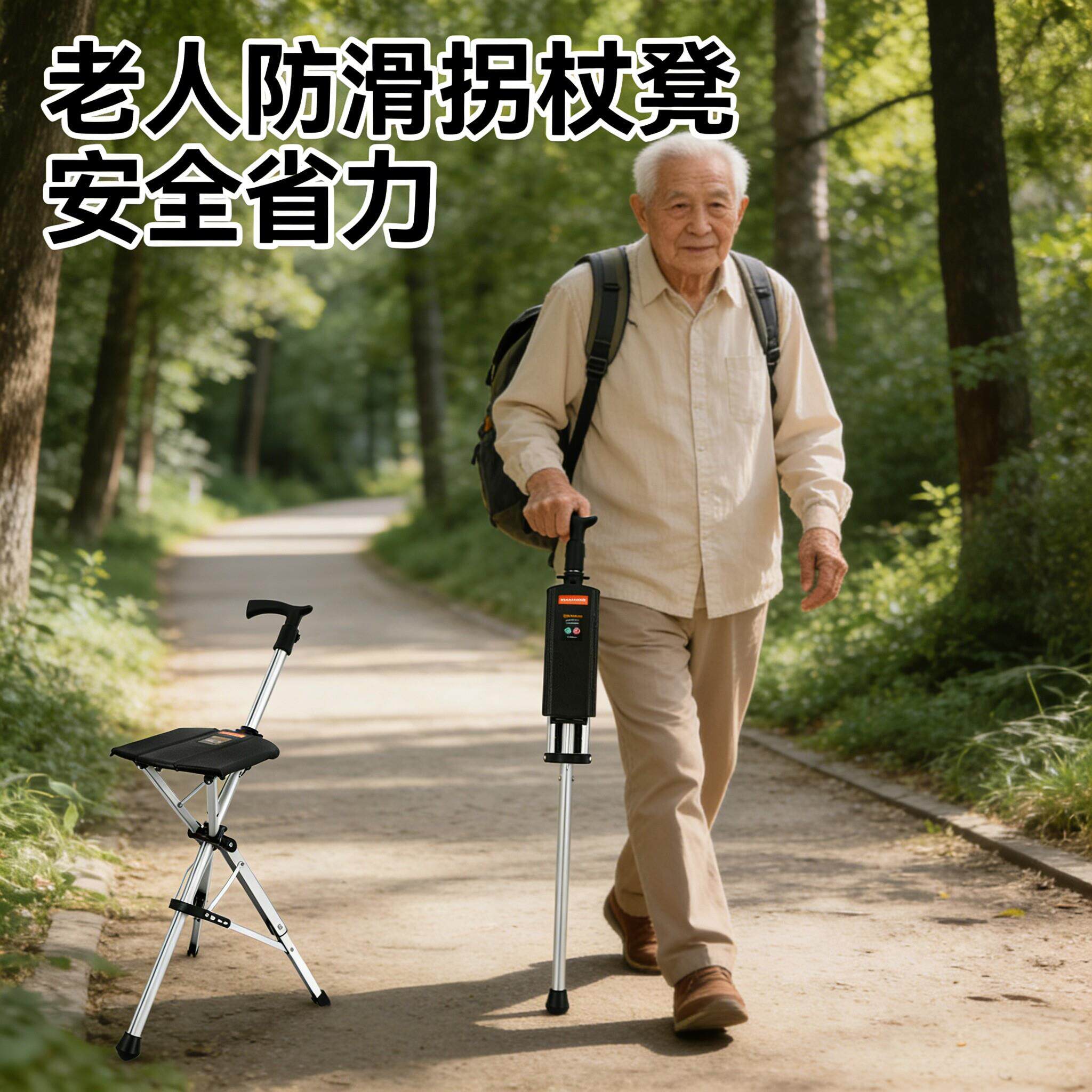 【可携式折叠凳】老人拐杖凳一键打开老年手杖椅两用带凳座登山杖
