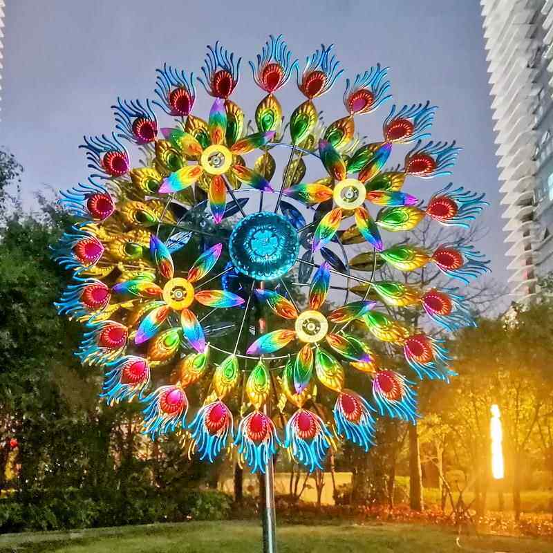 动物装饰落地金属光泽摆件铁艺制品带太阳能灯旋轮孔雀超大风车