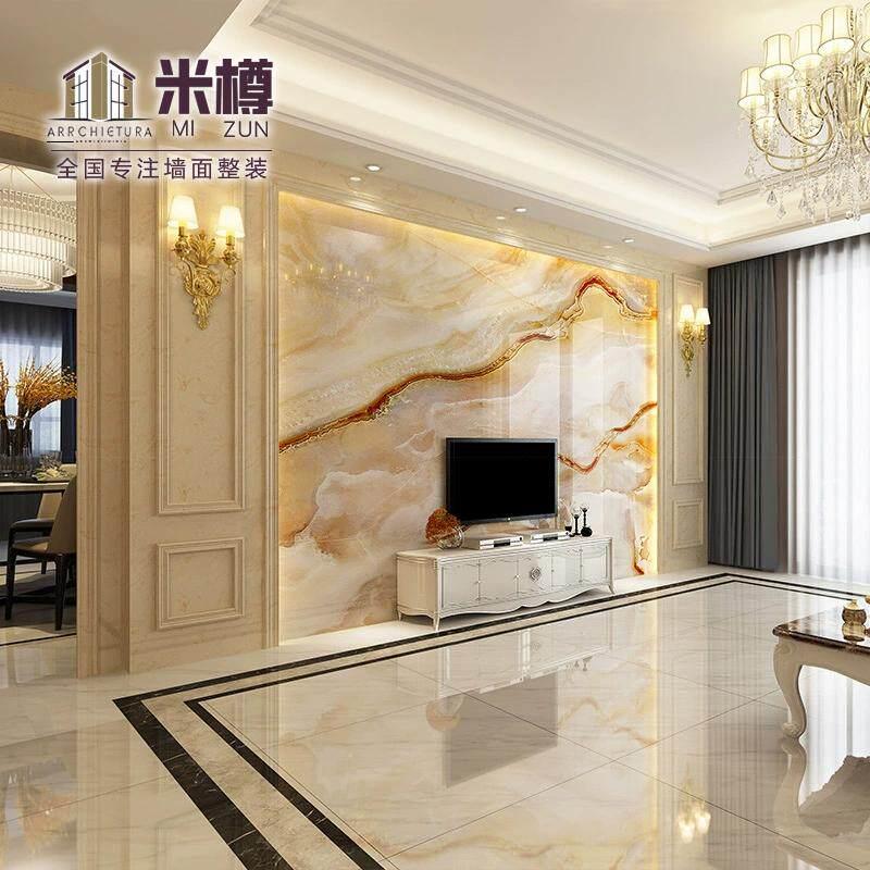欧式电视背景墙岩板瓷砖客厅高端别墅大理石影视墙罗马柱边框造型