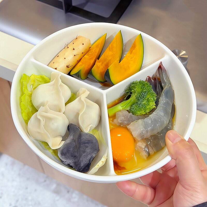 陶瓷蒸盘圆形分格微波炉蒸盘三格分隔蒸笼食品级隔水蒸架蒸菜蒸碗