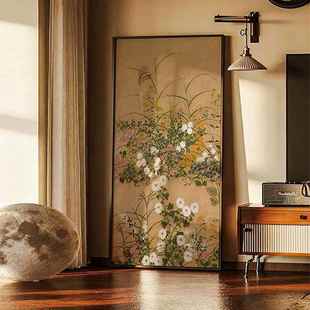 现代中古风正对门玄关画宋代美学挂画客厅过道竖版壁画菊花迎门画