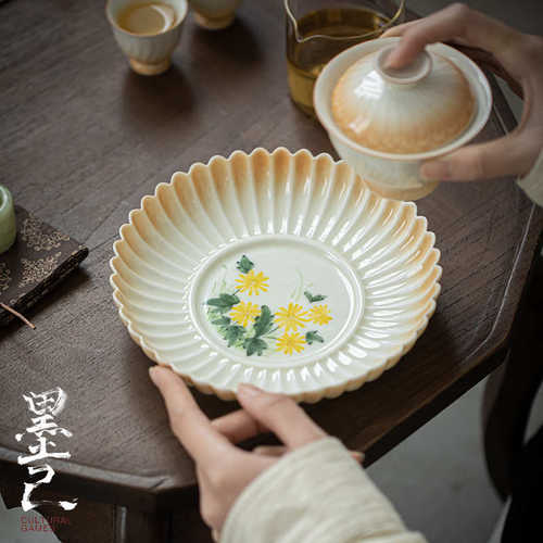 墨己 渐变色花瓣壶承 手绘菊花盖碗茶壶底托 茶道配件多用陶瓷盘