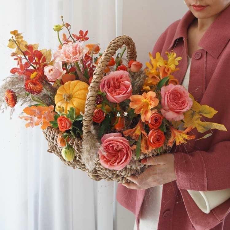 草编西瓜蓝花篮藤编柳编手提插花篮子竹编水果鲜花干花鸡蛋啤