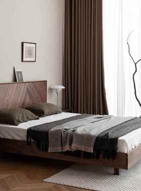 北美胡桃木悬浮实木床日式黑榻榻双人床现代简约米.KWF卧室18米大