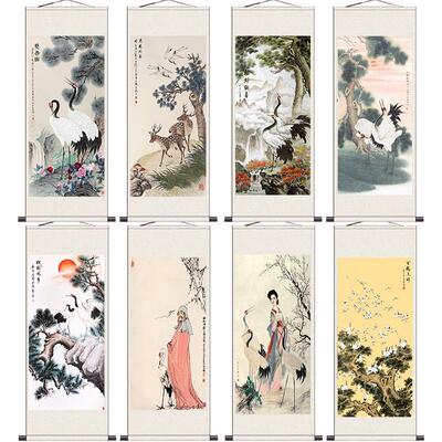 松鹤延年仙鹤寿桃梅鹤国画名人壁画丝绸画客厅玄关书房装饰画定制