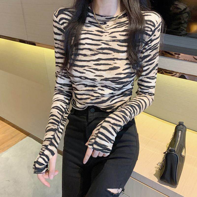 长袖T恤女2025秋季新款覆古豹纹修身显瘦洋派上衣简约内搭打底衫
