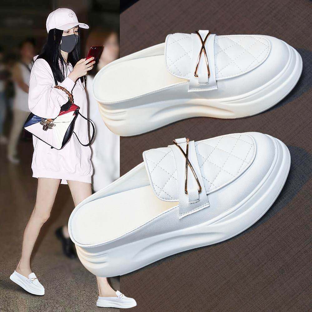 厚底一脚蹬包头拖鞋女外穿2023年新款夏季真皮松糕小白鞋半托单鞋