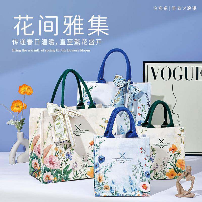 旺店开业礼品帆布袋花间高级帆布托特包大容量带丝巾帆布手提袋