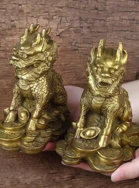 黄铜麒麟摆件一对火麒麟家居客厅博古架公司办公室店铺装饰工艺礼