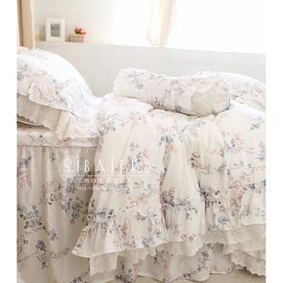小清新白底小碎美花荷边蕾丝全棉件床裙式 式 床上用品四叶 韩式 正品