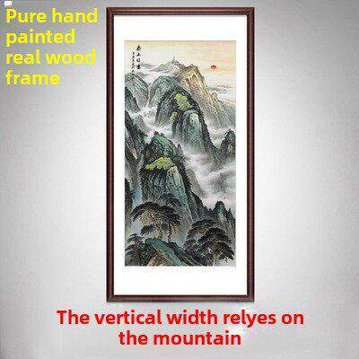 手绘泰山太阳国外画依山无水竖版朝日东升客厅入口风景装饰挂画
