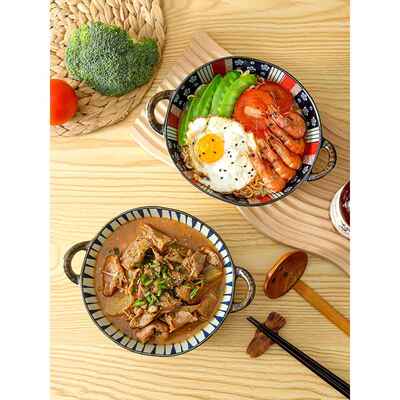 釉下彩沙餐具双耳汤碗防家用面陶瓷LIT大碗拉碗拉碗烫手柄汤盆