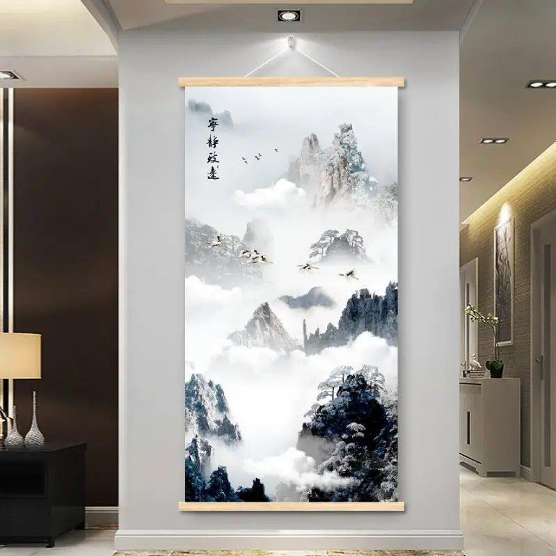 新中式宁静致远卷轴画走廊过道挂画山水画书房布艺遮挡挂轴壁挂画