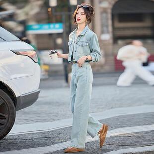 韩版复古休闲女套装春装新款设计感仔牛外ZHAN2505套腿阔裤洋气两