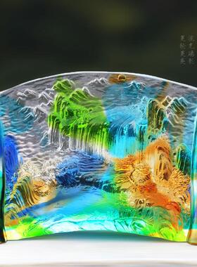 千里江山琉璃山水屏风摆件客厅办公书房前台桌面摆放高档中式送礼