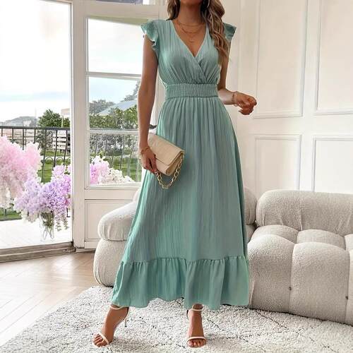 Womens Plain Shirred V Neck Dress Elegant Fashion Casual
