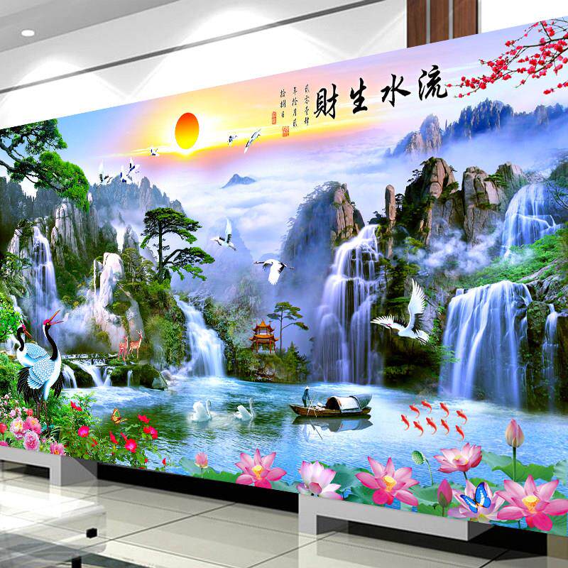 2025新钻石画满钻石客厅流水财富钻石十字绣景观景观水点砖石大秀