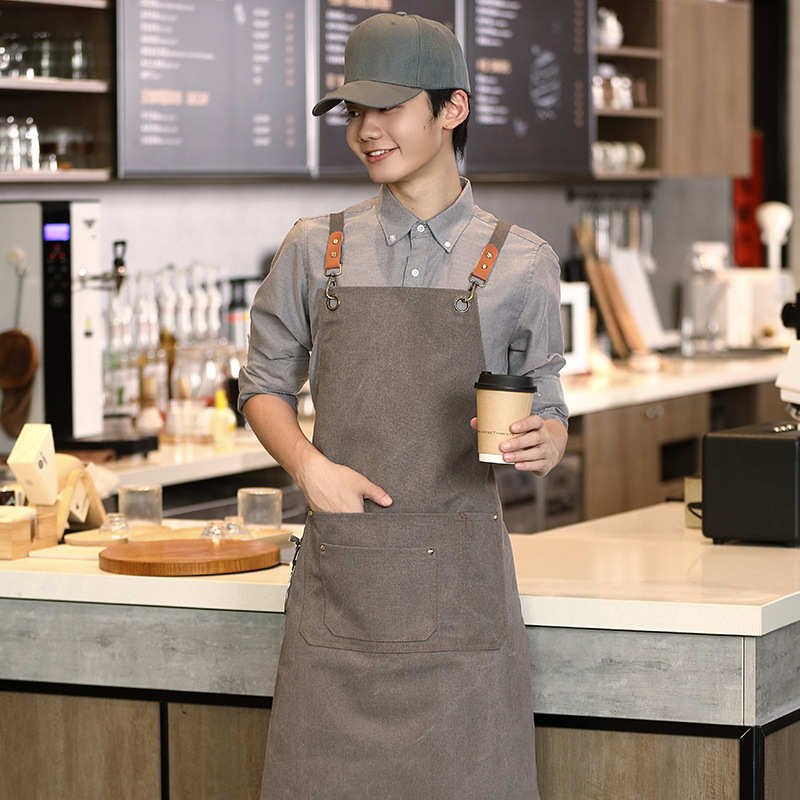 加厚帆布防水围裙logo印字工作服奶茶店咖啡师烘焙餐饮专用女