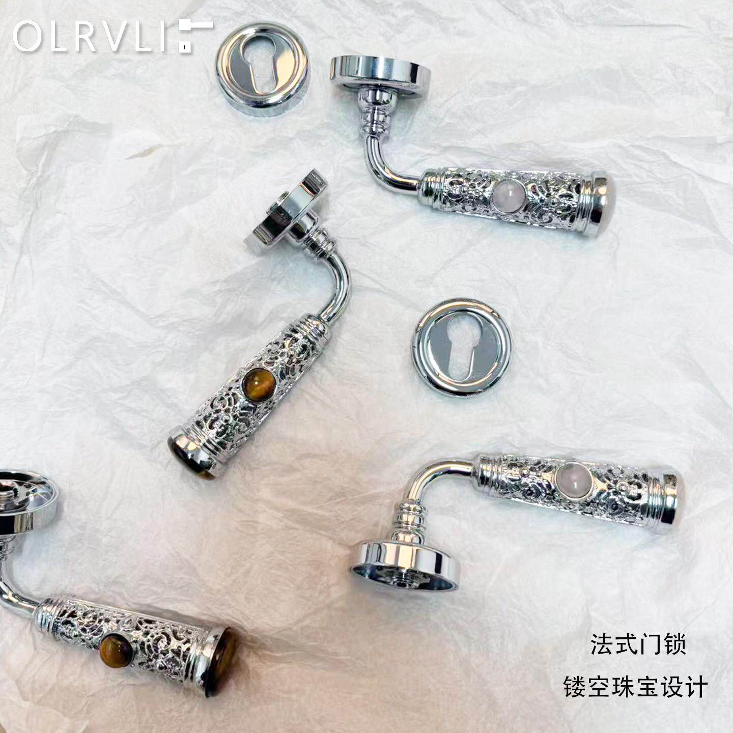 olrvli黄铜镀铬银色法式门锁粉水晶门把手复古欧式黄虎石双开门锁