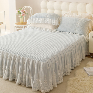 高端夹棉牛奶绒床裙式床罩单件加厚水晶绒保暖珊瑚绒防滑床盖床套