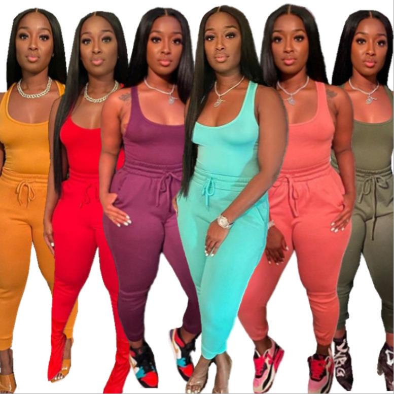 Womens sexy two vest suit belt drawstring piece trousers