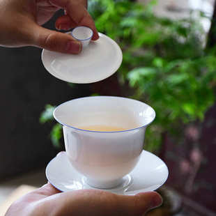 甜白薄胎三才盖碗透光茶杯德化白瓷功夫茶具玉瓷单个敬茶碗家用