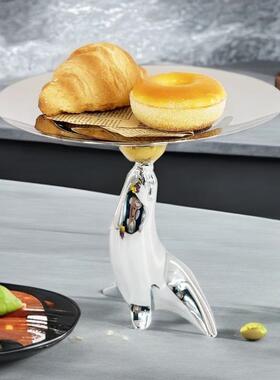 简约不锈钢银色镜面圆形托盘海豚高脚点心果盘装饰客厅餐桌果盘