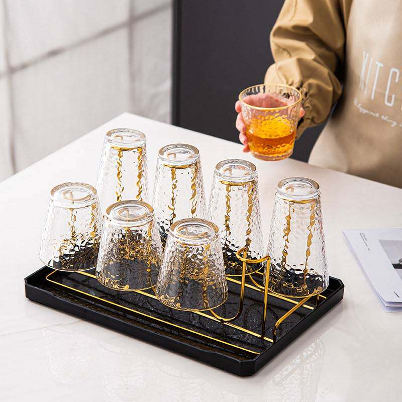家用客厅水杯金边锤纹玻璃杯果汁杯12杯架沥水托盘桌上杯子置物架