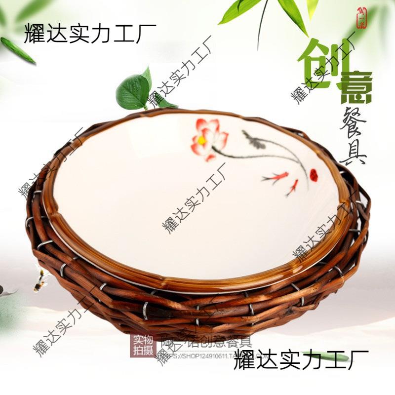 农家土菜馆大盘鸡盘烧菜餐具鸟巢陶瓷盘特色私房菜意境菜创意酒店