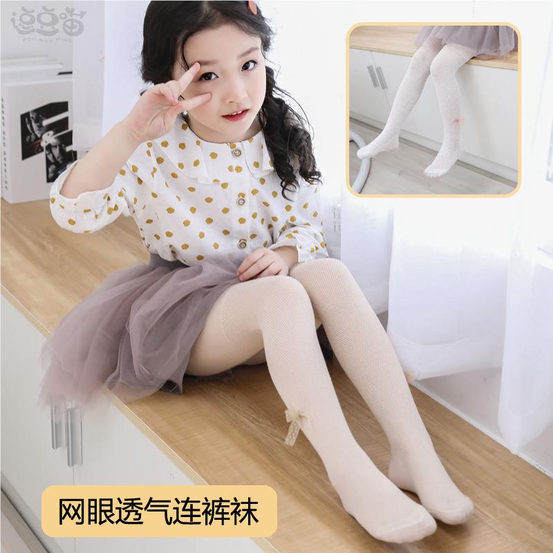 儿童袜子春秋薄款透气女童网眼连裤袜空调房蕾丝蝴蝶结宝宝打底袜