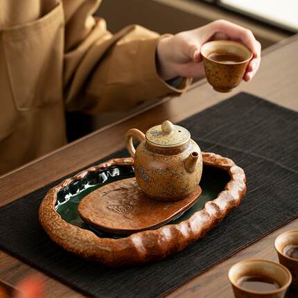 粗陶蓄水壶承茶承干泡小茶台家用茶盘小型石头储水日式复古养托盘