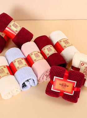 珊瑚绒毛巾大红色加厚喜字柔软吸水婚庆伴手礼毛巾回礼