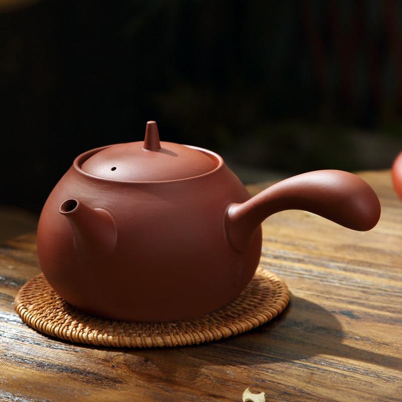 潮州朱泥陶壶 粗陶煮茶壶烧水壶 紫砂黑晶炉侧把壶手工薄胚砂铫壶