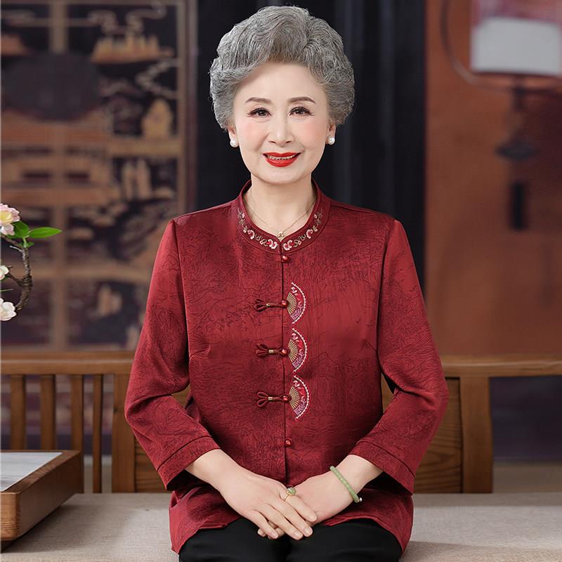 新中式唐装喜婆婆红色妈妈女装夏装绣花上衣中老年人国风立领衬衫