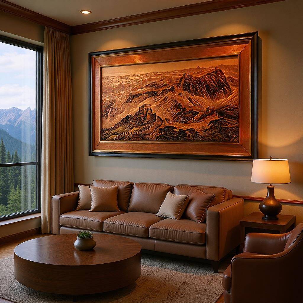新中式装饰画客厅办公室背景挂画万里长城铜版画国画山水铜雕画