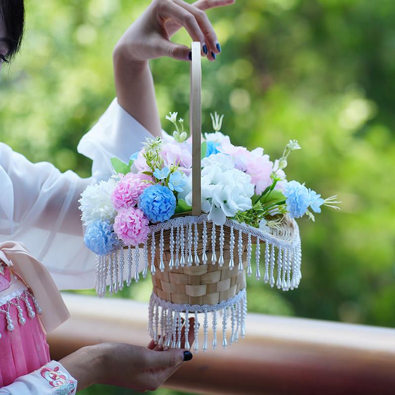 汉服珍珠流苏花篮古风舞蹈花篮魏晋田园风竹编花篮子古装摄影道具