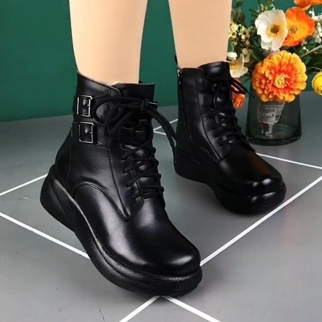 高档厚底短靴女真皮202底4年冬季款休闲马靴羊毛新女靴圆头软丁妈