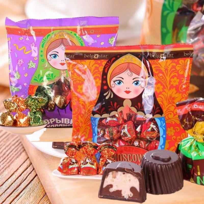 俄罗斯进口巧克力夹心糖巧力莲水果味跳跳糖咖啡味套娃零食喜糖