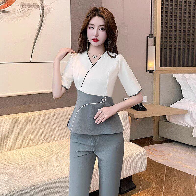 新款美容师工作服中袖女足疗工衣美容院套装养生足浴技师服装