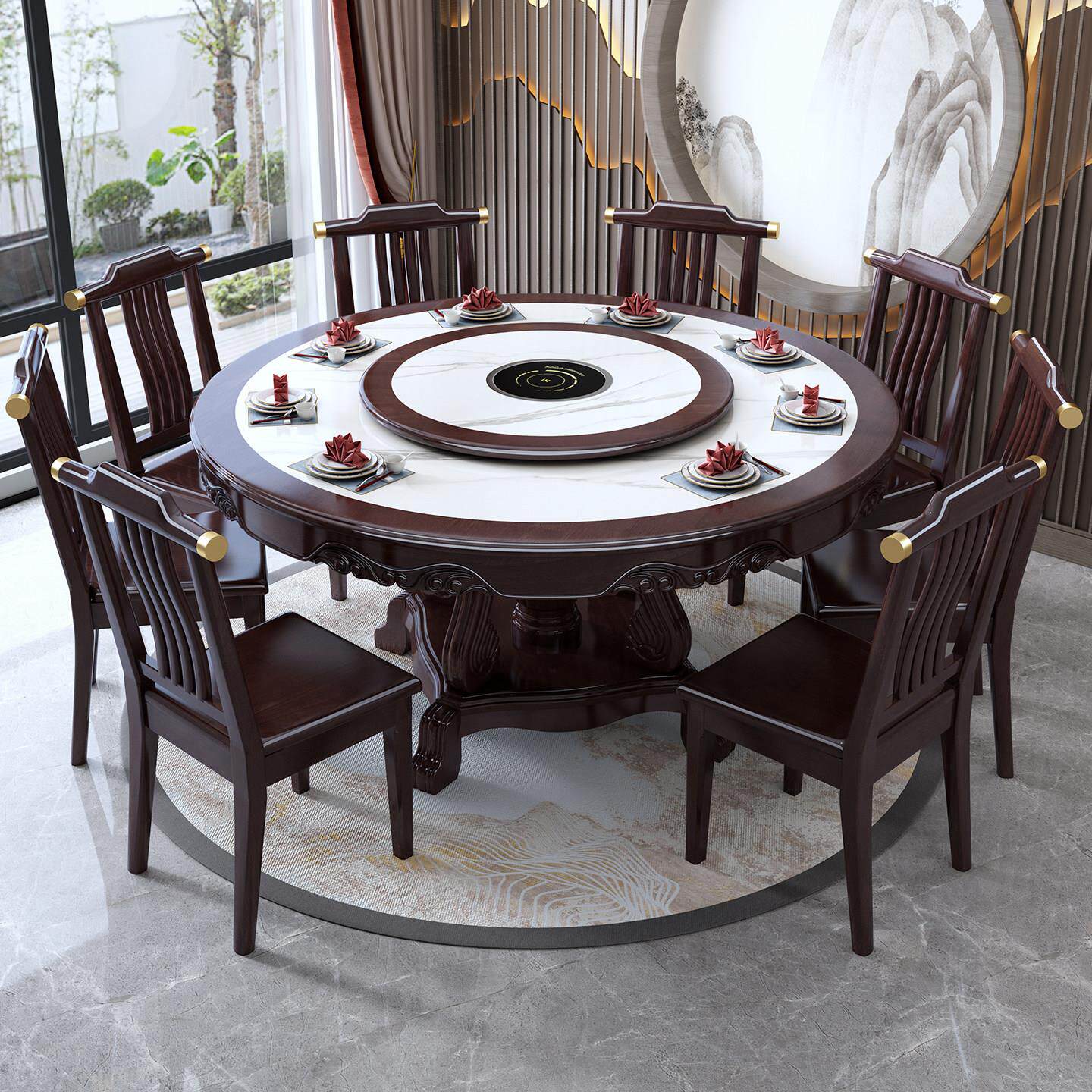 全新中国风石板火锅餐桌全实木电磁炉大理石圆桌家庭10人餐桌大圆