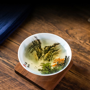 齐派山水陶瓷斗笠杯品茗杯子国家一级工美大师刘培竹亲绘主人杯