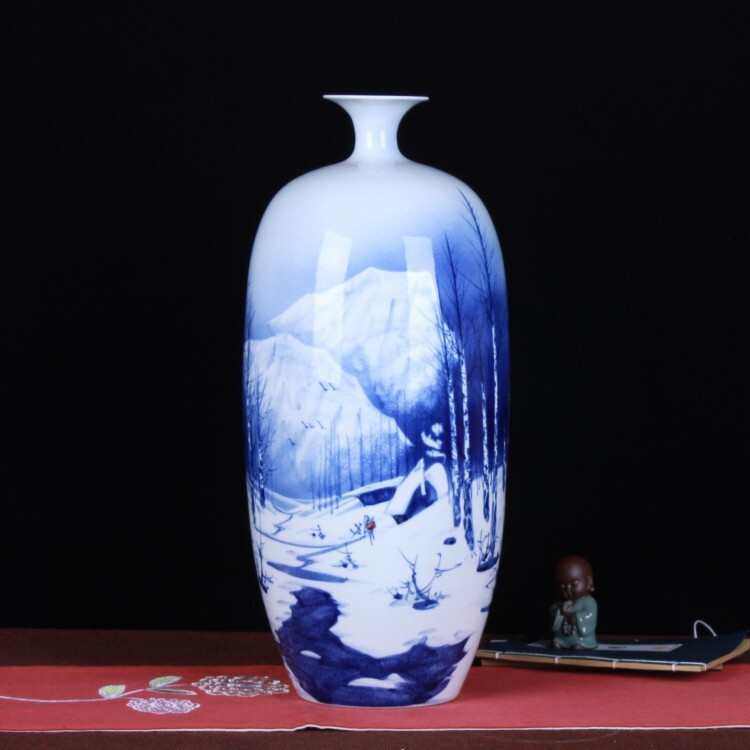手绘山水收藏花瓶雪景摆件工艺品图艺术景德镇客厅人物陶瓷家居