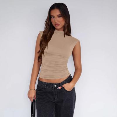 Womens half turtleneck solid color pleated slim sleeveless